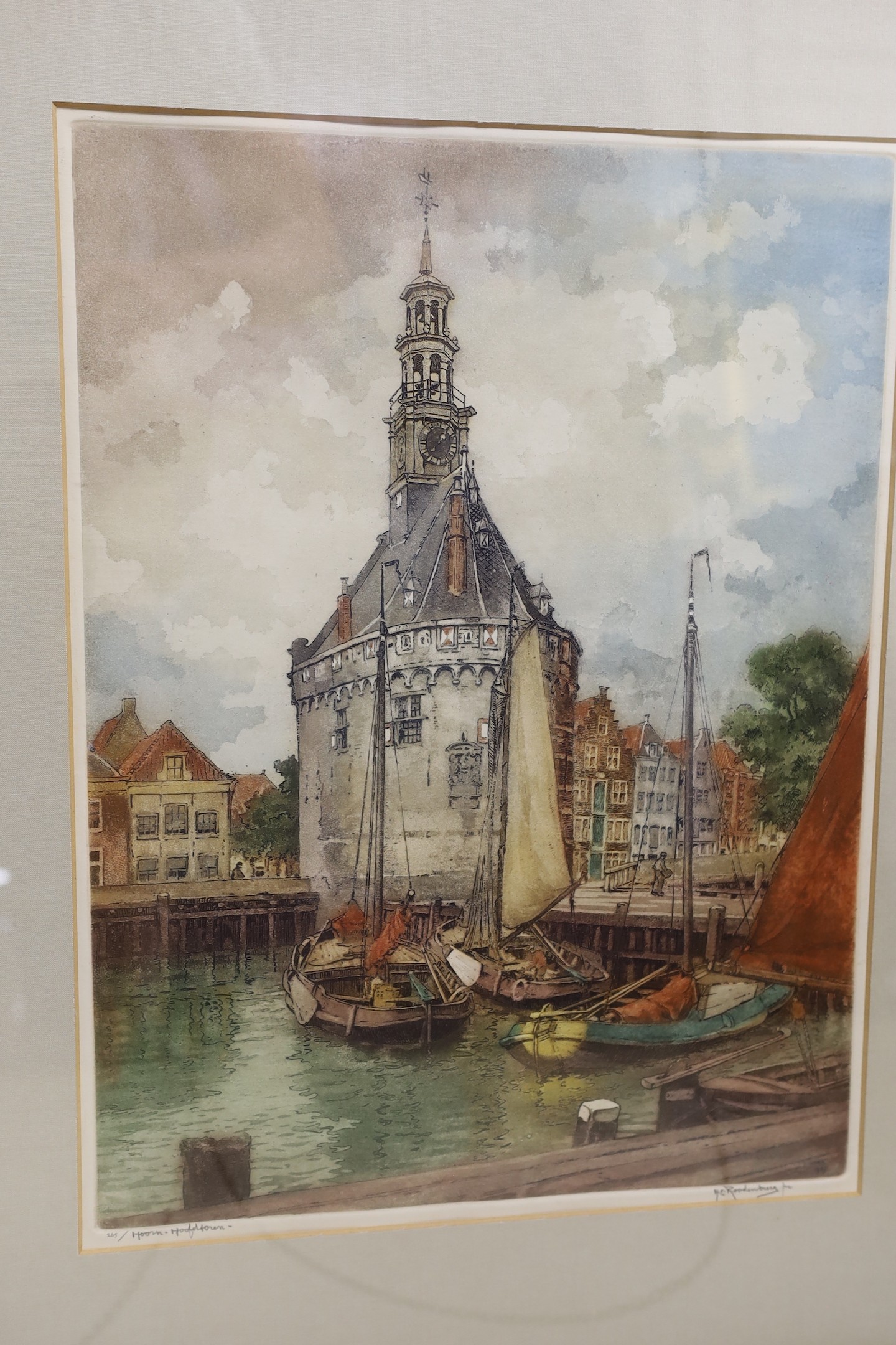 Hendrikus Elias Roodenburg (1895-1987), three etchings with aquatint, ‘Rotterdam 159’, ‘Hoorn - Hoofdtoren 265’, ‘ s-Hertogenbosch 145’, all signed in pencil, largest 42 x 46cm